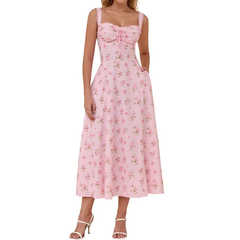 Floral Corset Midi Dresses for Women 2026 Lace Up Flowy Summer Wedding Guest L